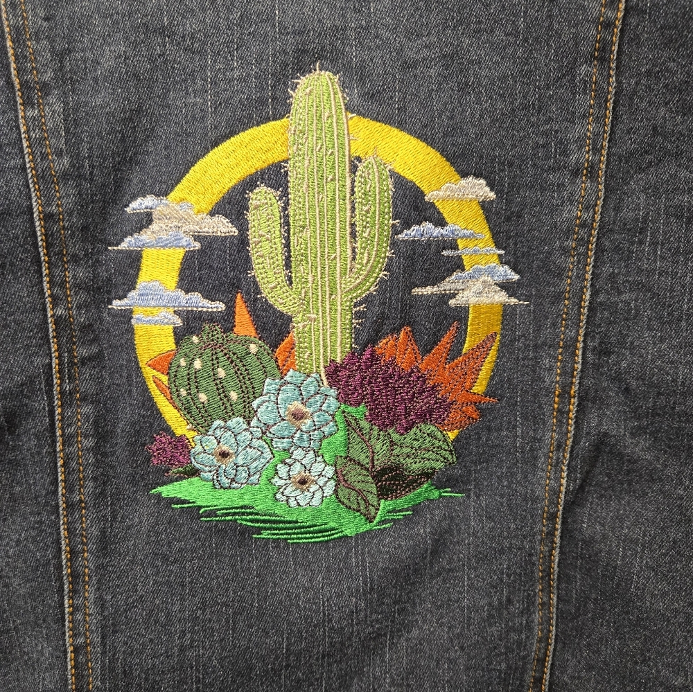 Upcycled Rustic Denim size Large denim jacket -custom embroidery cactus, western